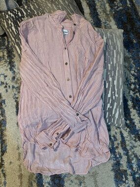 Striped Button-Up Tunic Shirt — Pink & White